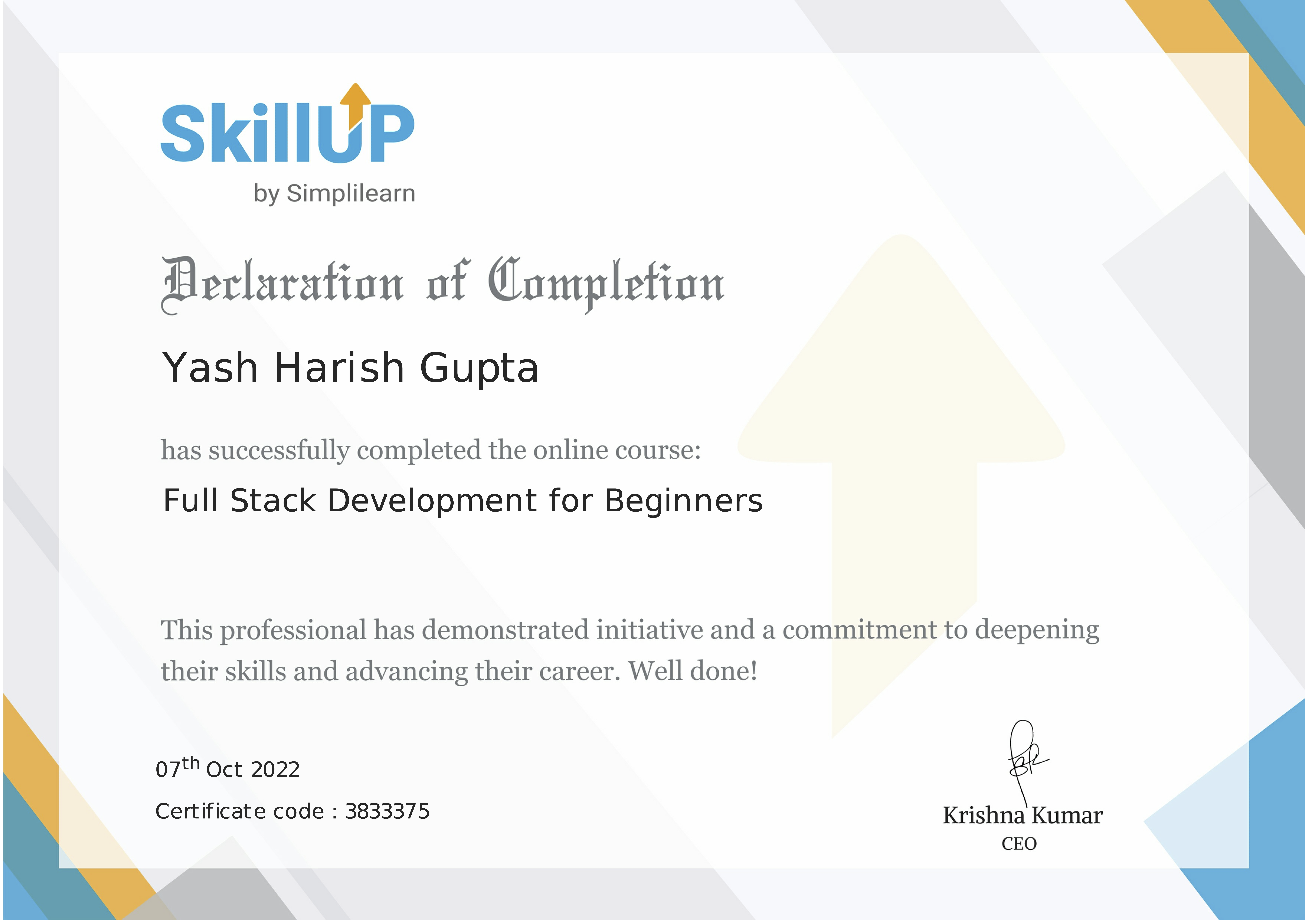 SimpliLearn Full-Stack Development Certification